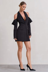 Black Plunge Draped Blazer Dress